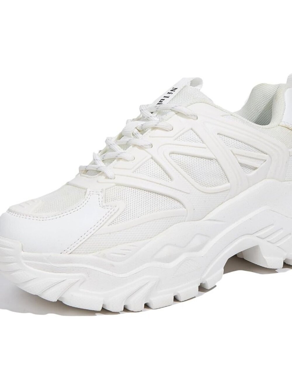 Women's  White Leather Chunky Lace Up Shoes Comfortable Walking Sneakers Shoes